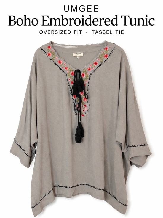 Umgee Tops - Umgee Boho Embroidered Gray Black Tunic Top Tassel Tie Raw Edge Oversized Medium